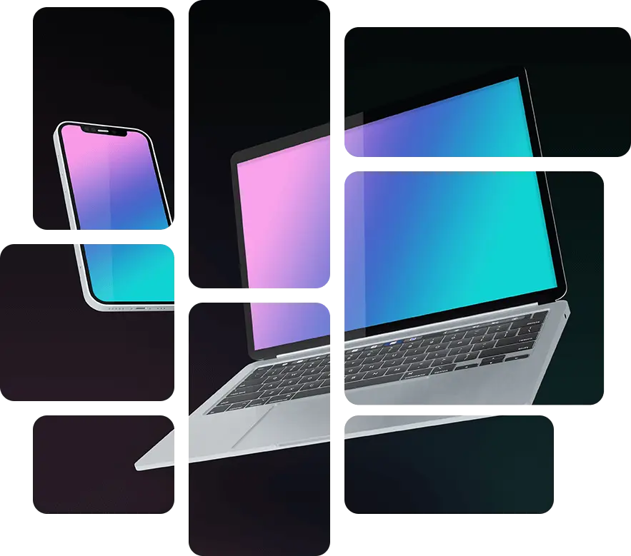 A laptop, a phone and a tablet on a black background.
