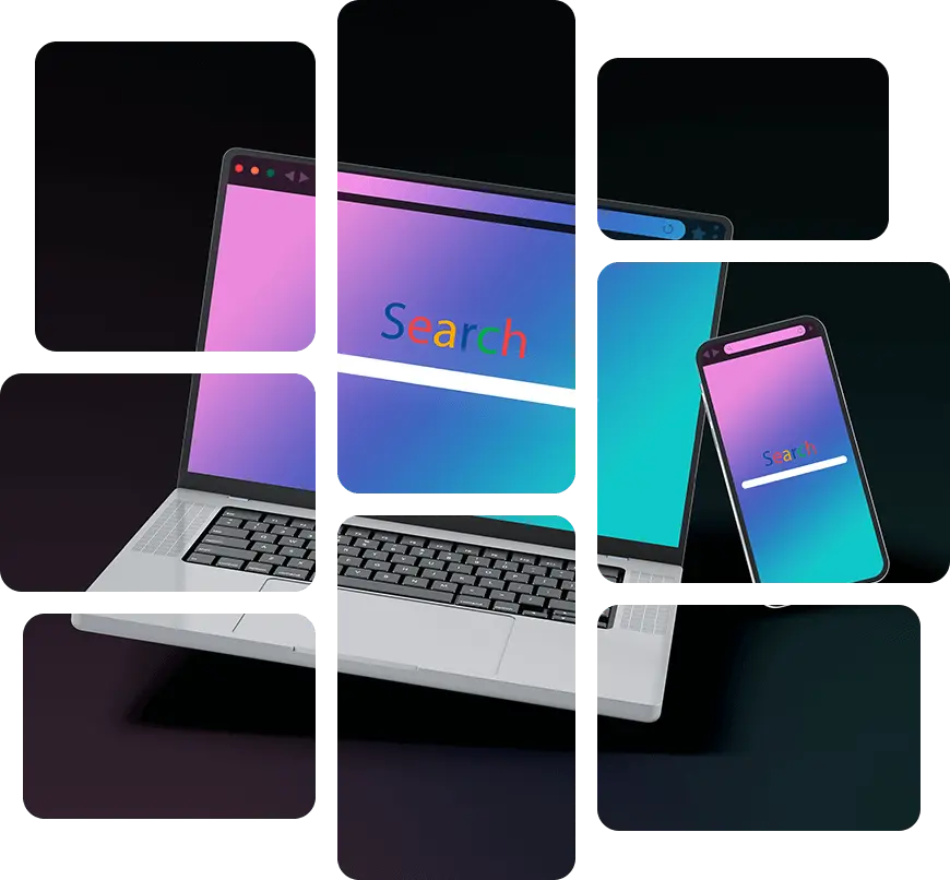 A laptop, phone, and tablet are shown on a black background.